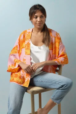 One Hundred Stars Ancient Columns Orange Kimono|Women Short Kimonos