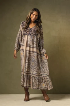 One Hundred Stars Mehndi Blue Boho Dress|Women Dresses