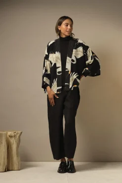 One Hundred Stars Stork Black Crepe Kimono|Women Short Kimonos