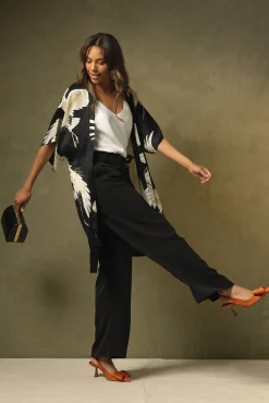 One Hundred Stars Stork Black Midi Kimono|Women Midi Kimonos