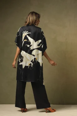 One Hundred Stars Stork Black Midi Kimono|Women Midi Kimonos