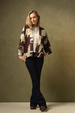One Hundred Stars Stork Burgundy Kimono|Women Short Kimonos