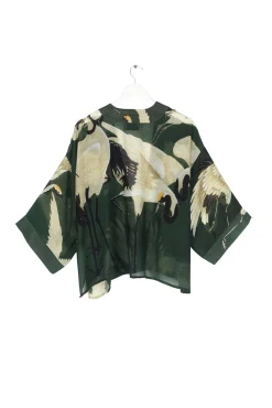 One Hundred Stars Stork Forest Green Kimono|Women Short Kimonos