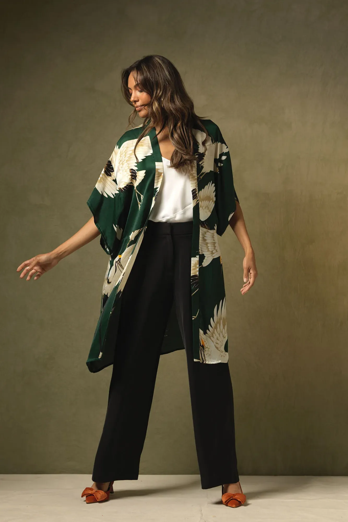 One Hundred Stars Stork Forest Green Midi Kimono|Women Midi Kimonos
