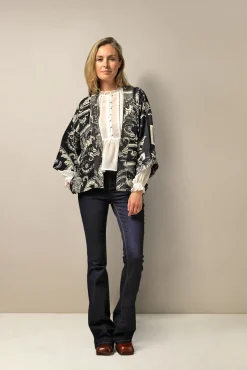 One Hundred Stars Vintage Damask Black Crepe Kimono|Women Short Kimonos