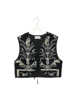 One Hundred Stars Vintage Damask Black Gilet|Women Velvet Coats