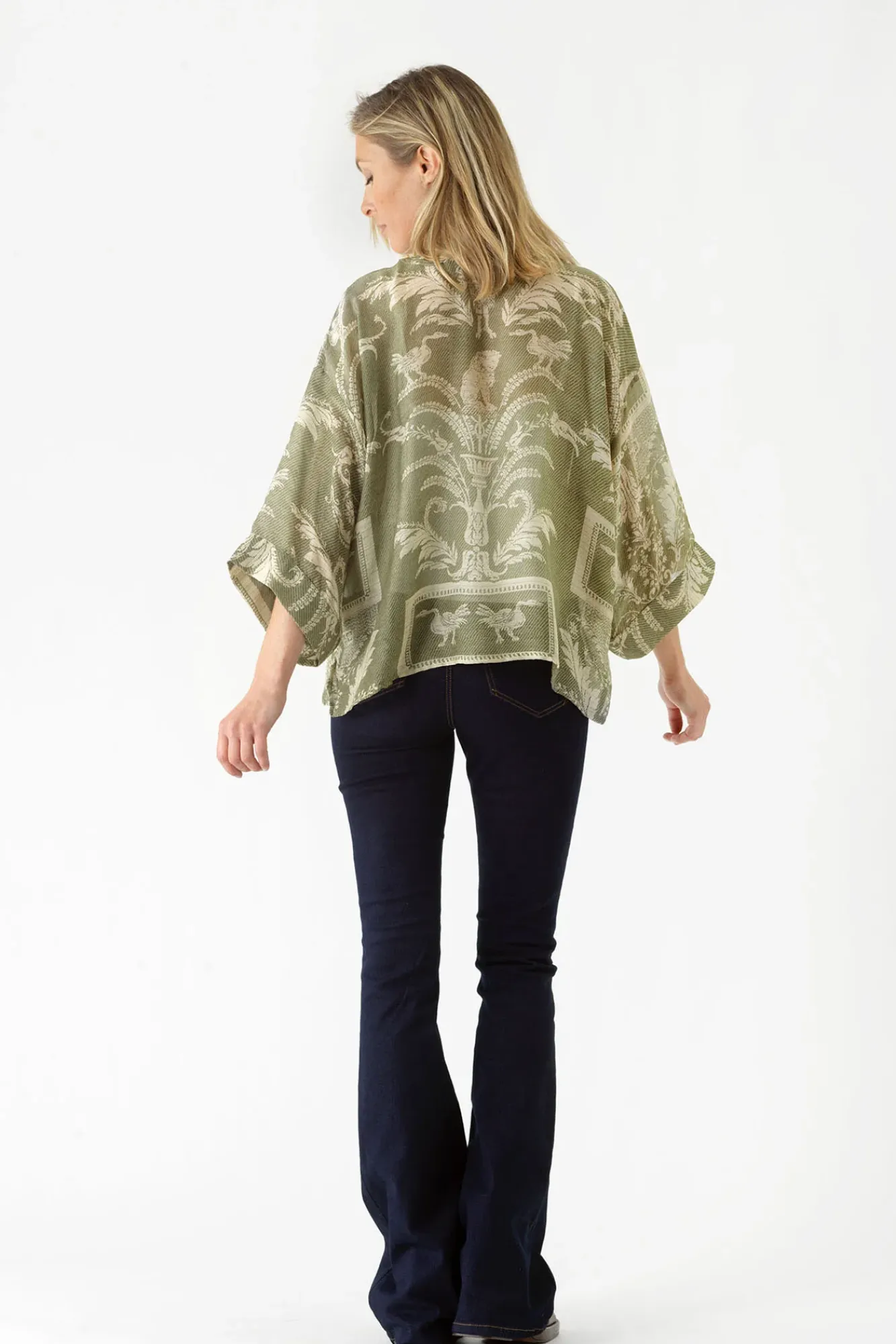 One Hundred Stars Vintage Damask Sage Kimono|Women Short Kimonos