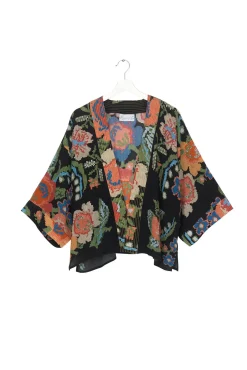 One Hundred Stars Woven Flower Black Crepe Kimono|Women Short Kimonos